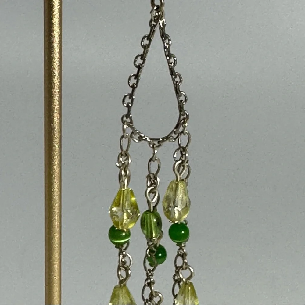 Green Beaded Silver Tone Chandelier Dangle Earrings Multi Chain Boho Fairy Gypsy